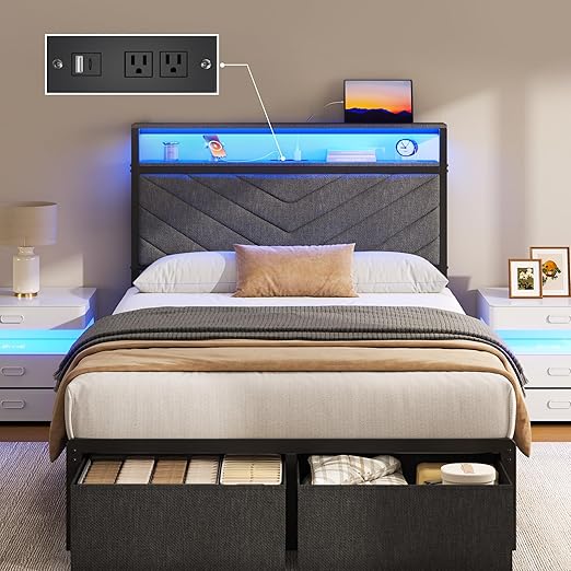 Upholstered Bed Frame with Storage Drawers, Charging Headboard & LED Lights