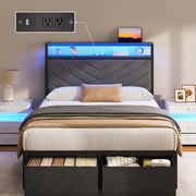 Upholstered Bed Frame with Storage Drawers, LED Lights & Charging Station