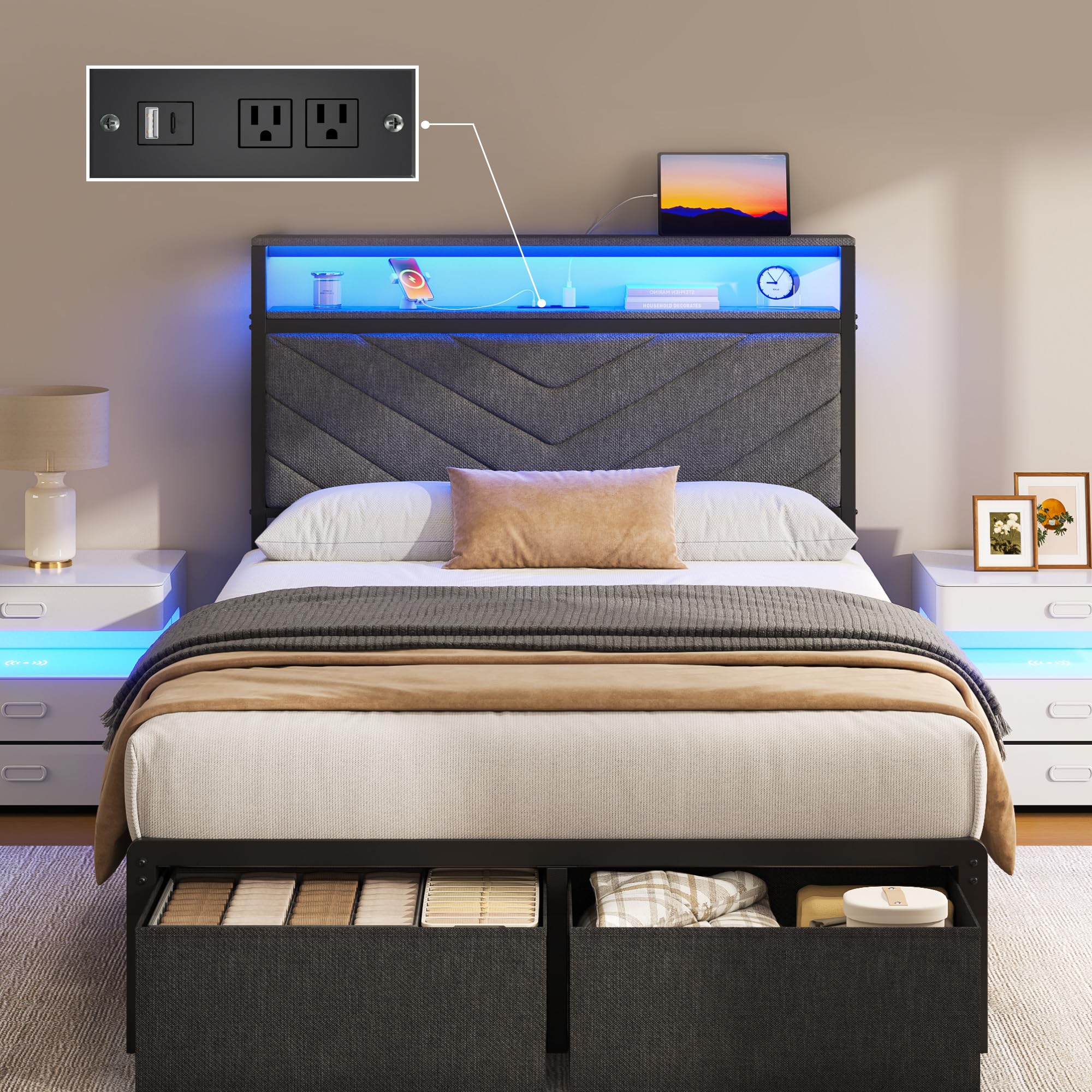 Upholstered Bed Frame with Storage Drawers, LED Lights & Charging Station
