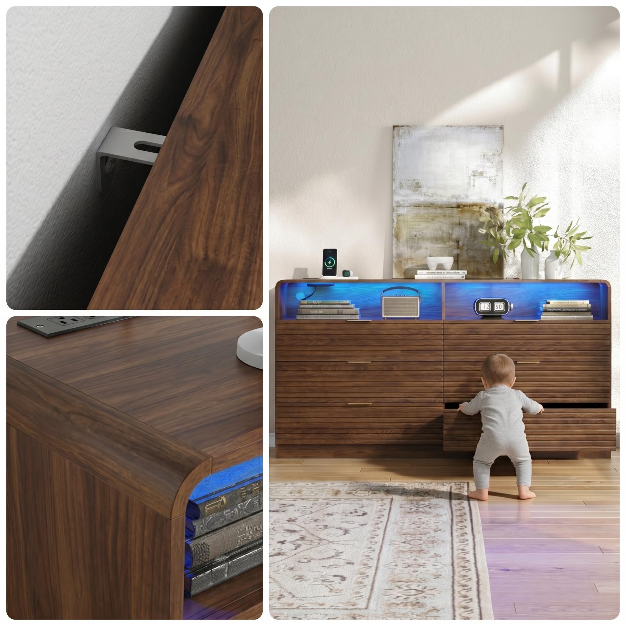 Gyfimoie 55'' Wide Fluted 6 Drawers Dresser with 2 Cubbies, LED Dressers & Chests of Drawers with Power Outlet, Fluted Dresser for Bedroom with Rounded Corners (Walnut)