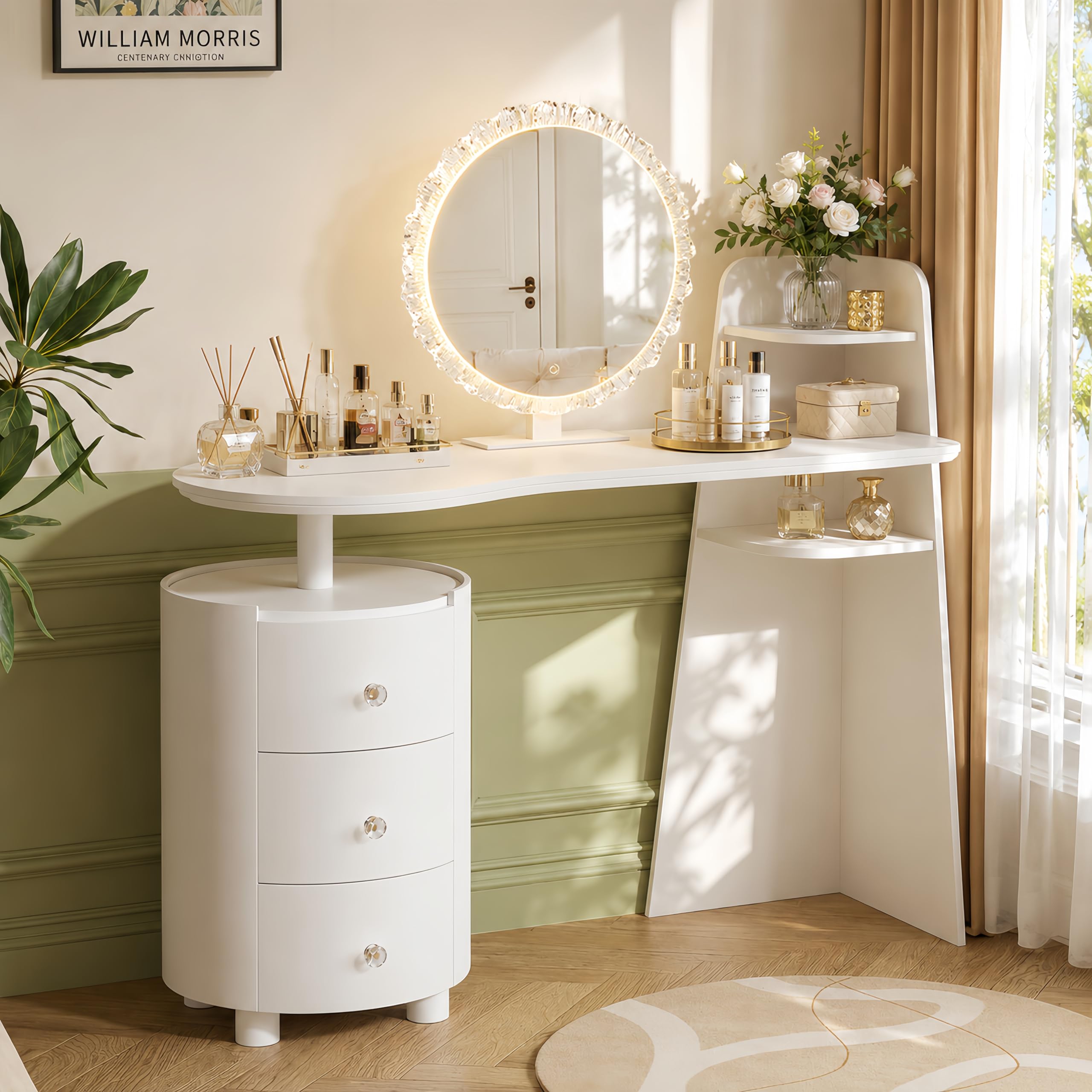 Furnistar White Vanity Desk with Mirror and Lights, Adjustable Make up Vanity with 3 Drawers, Modern Makeup Table with Curved Desktop and Shelf for Bedroom