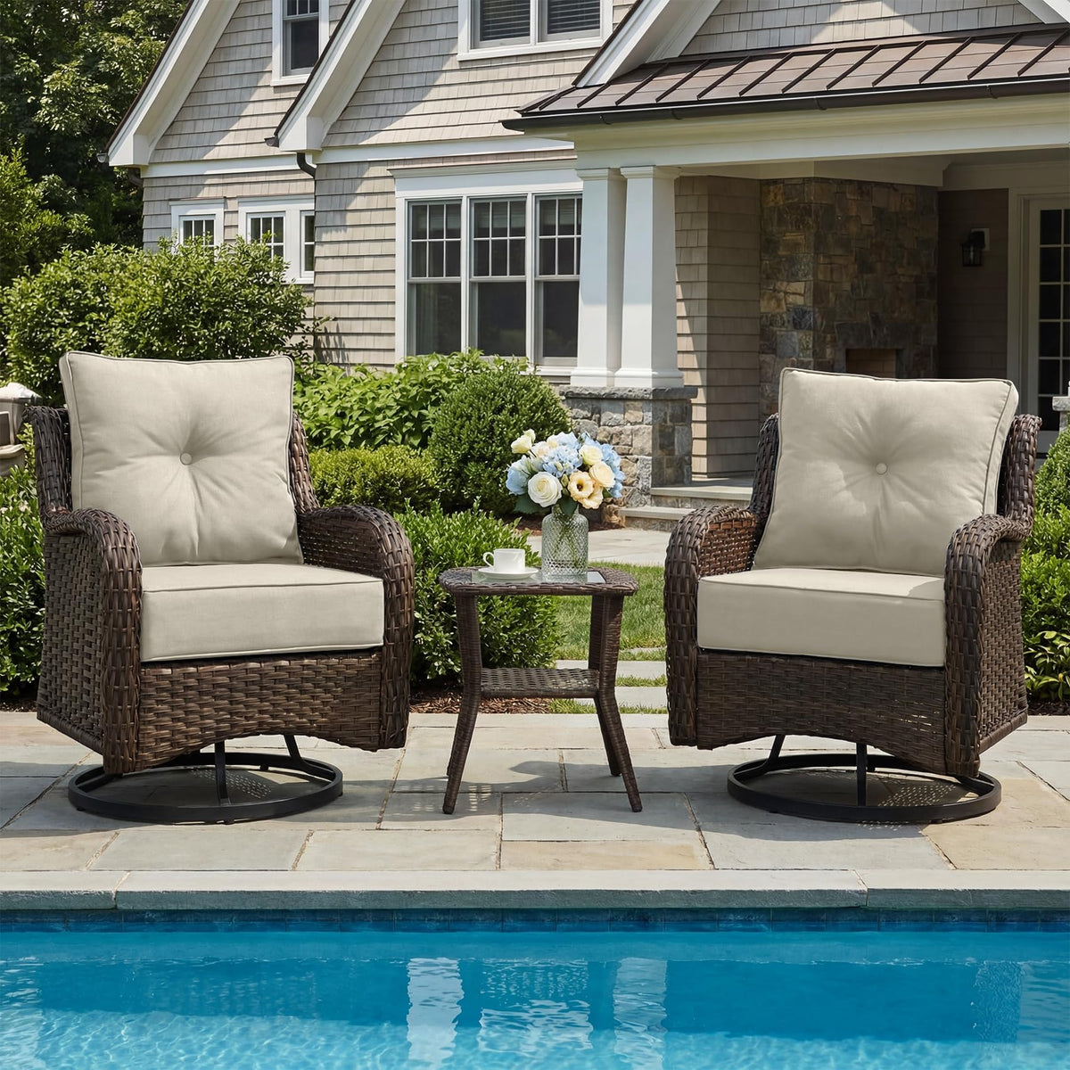 ADRERIC 3-Piece Patio Furniture Set with 6" Ultra-Thick Cushions, Swivel Rocker Chairs with Side Table, All-Weather Round Wicker Conversation Set & Bistro Set for Porch Sunroom Deck, Beige