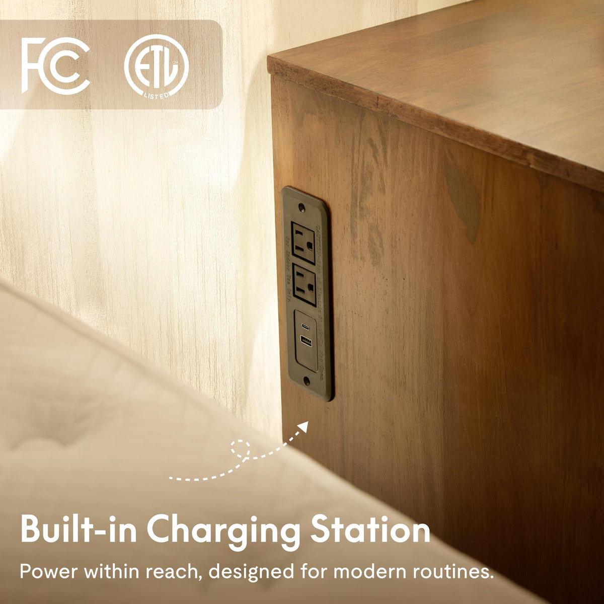 FLEXISPOT Walnut Finish Nightstand with Charging Station, Minimalist Style