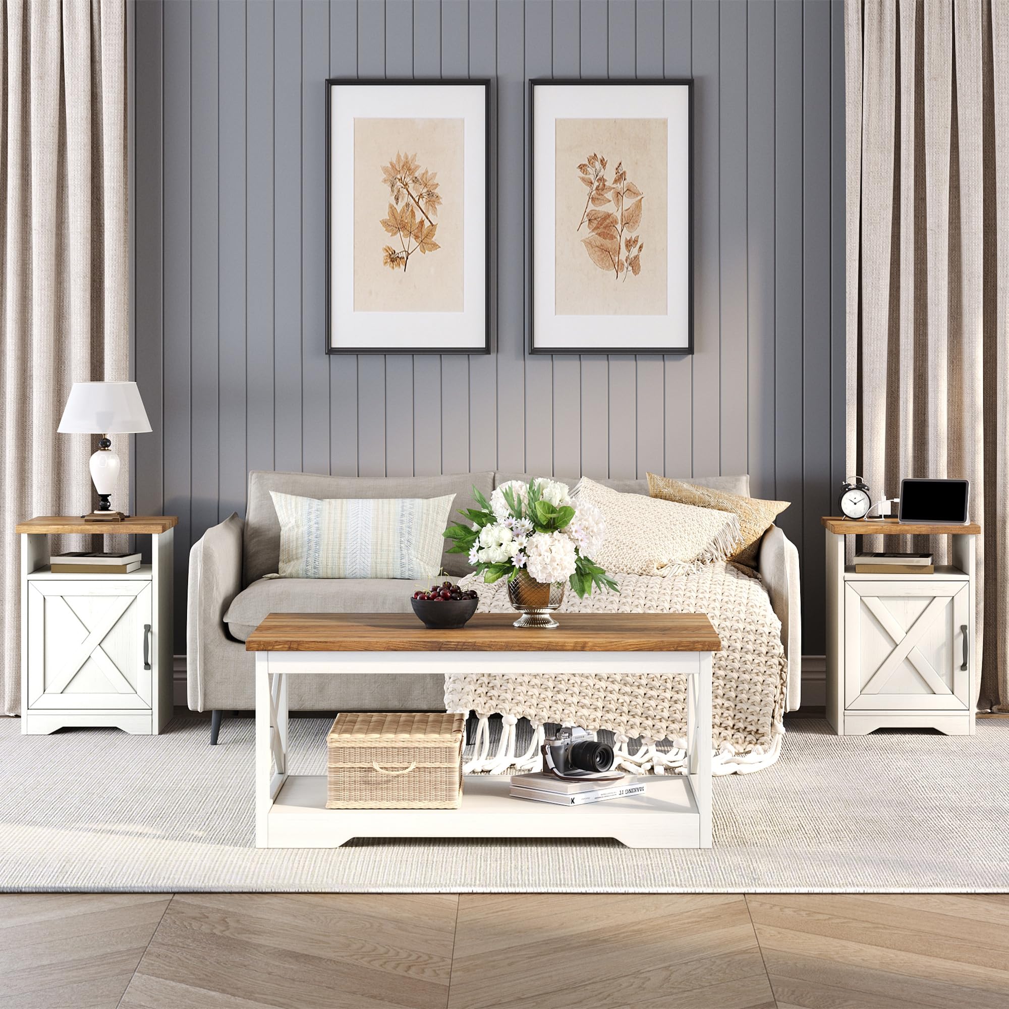 Farmhouse 3-Piece Coffee & End Table Set with Charging Station