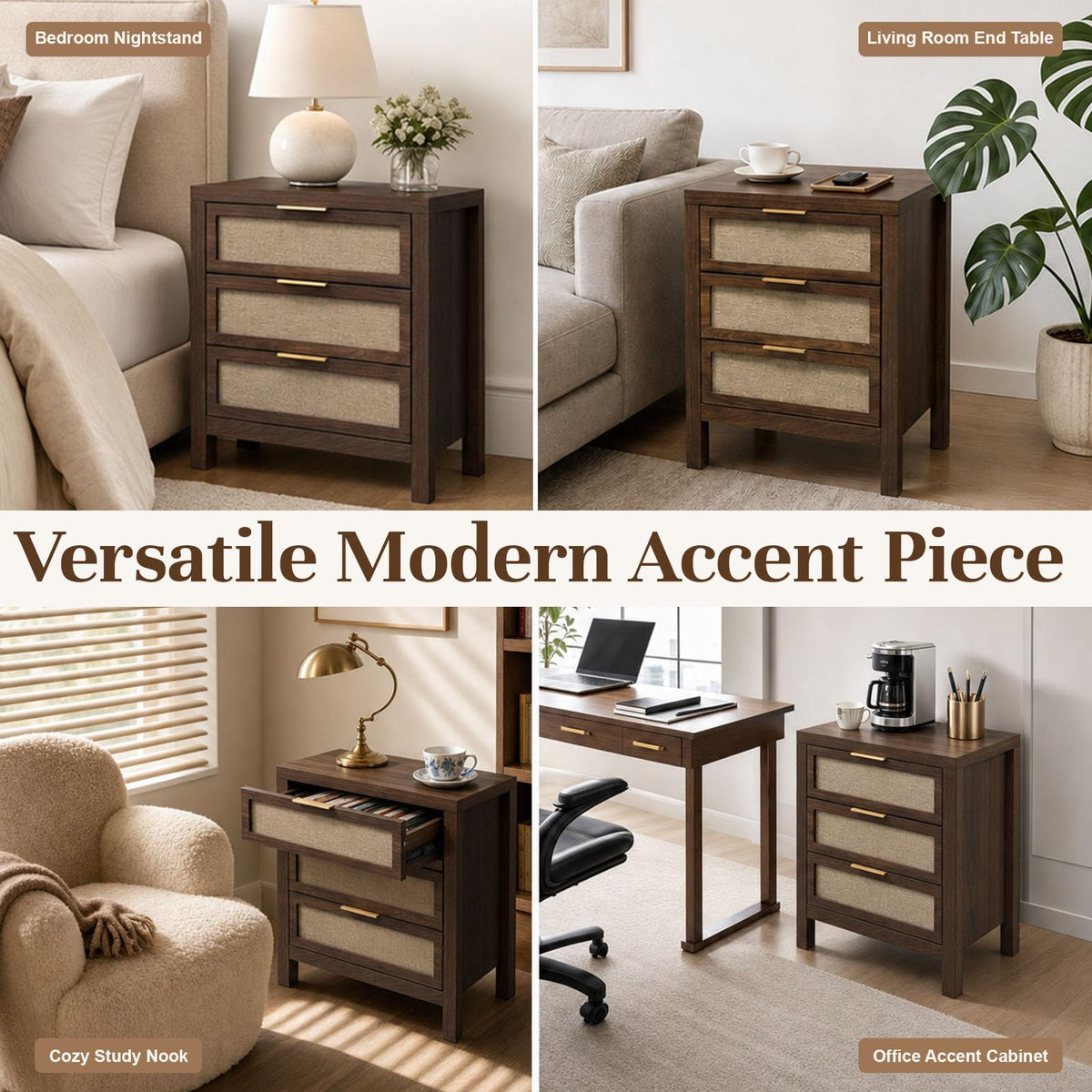 Walnut 3-Drawer Nightstand