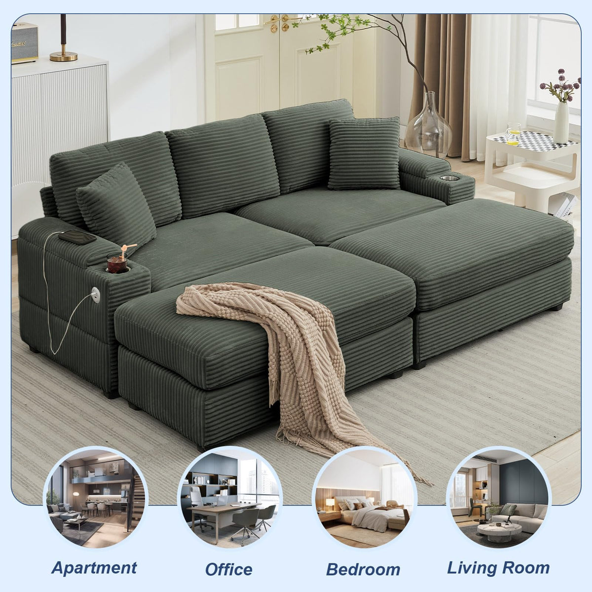 Green Corduroy Modular Sofa with Ottomans
