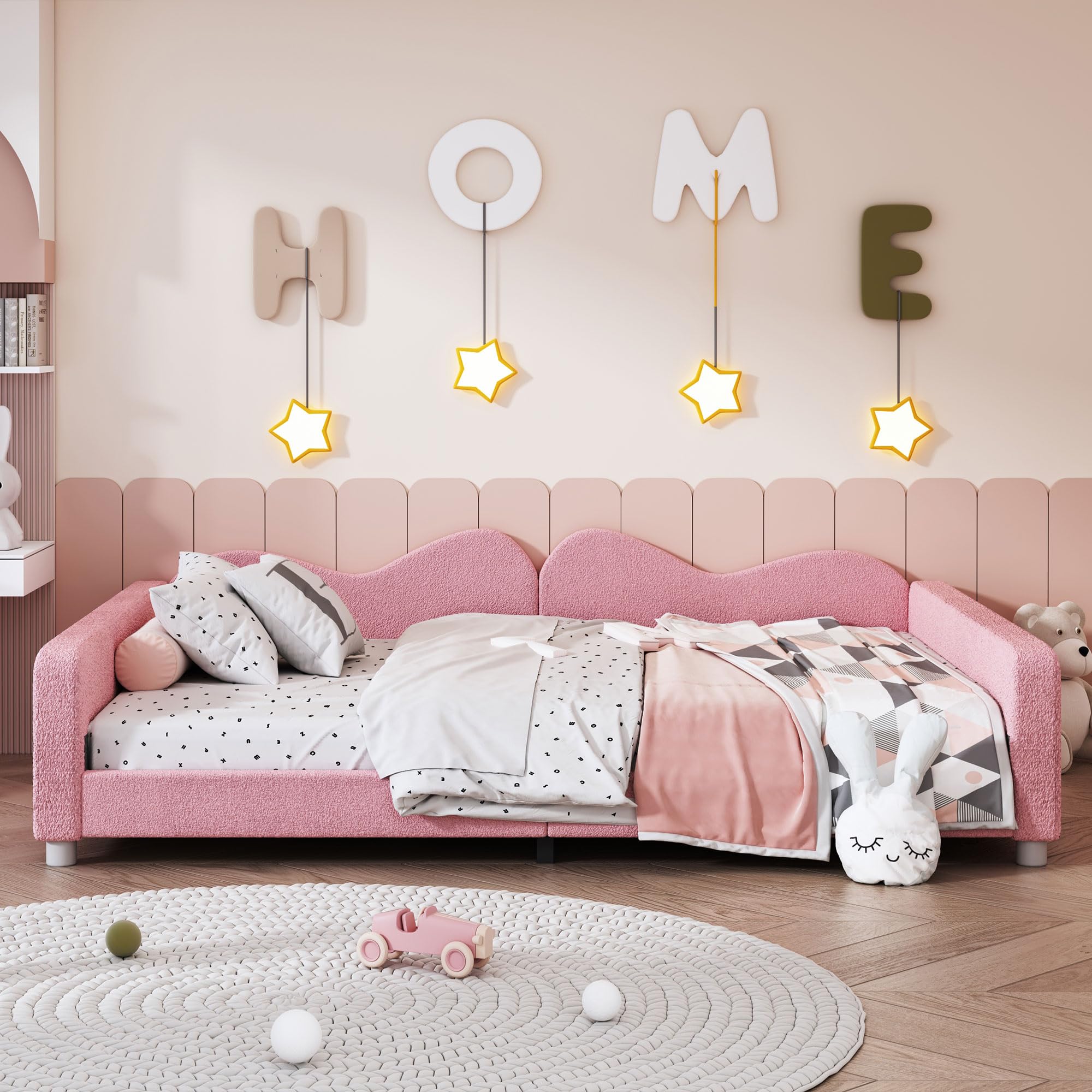 Harper & Bright Designs Full Size Upholstered Daybed, Sherpa Fabric Sofabed with Cloud-Shaped Backrest, No Box-Spring Needed, Pink