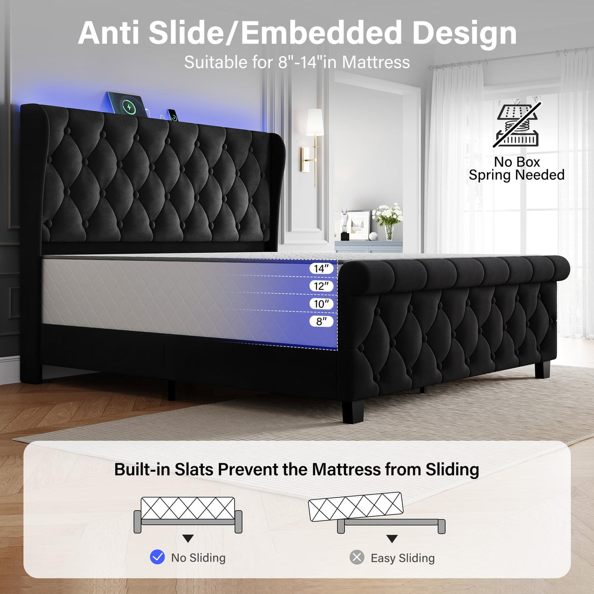 Uteeran Queen Size Bed Frame with Headboard, Upholstered Bed Frame, Balck