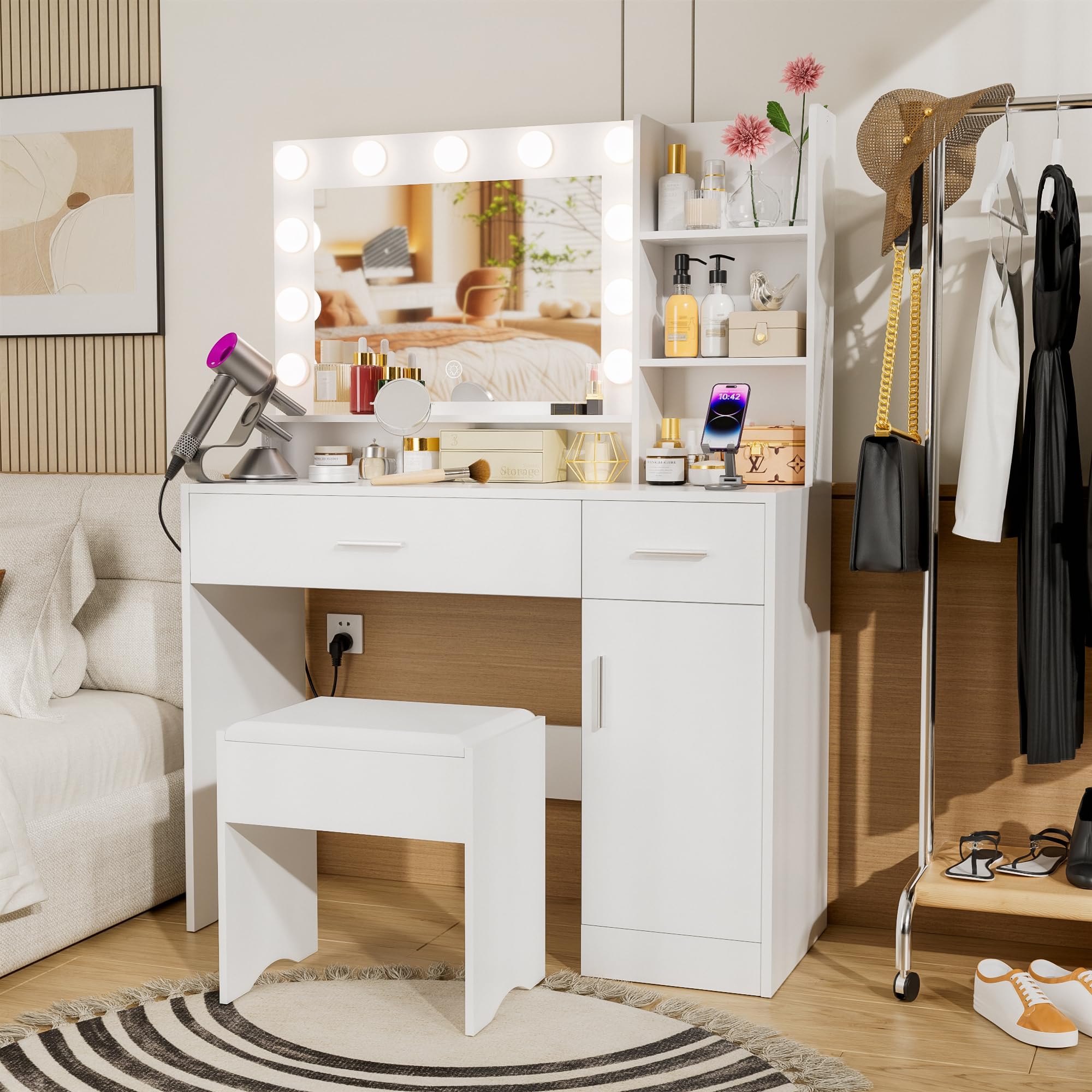 Trumbeak Vanity Desk with Mirror and LED Lights,Vanity Desk with 3 Drawers & 3 Storage Shelves,Vanity Table with Chair,Three Adjustable Lighting Modes,Bedroom Vanity,White