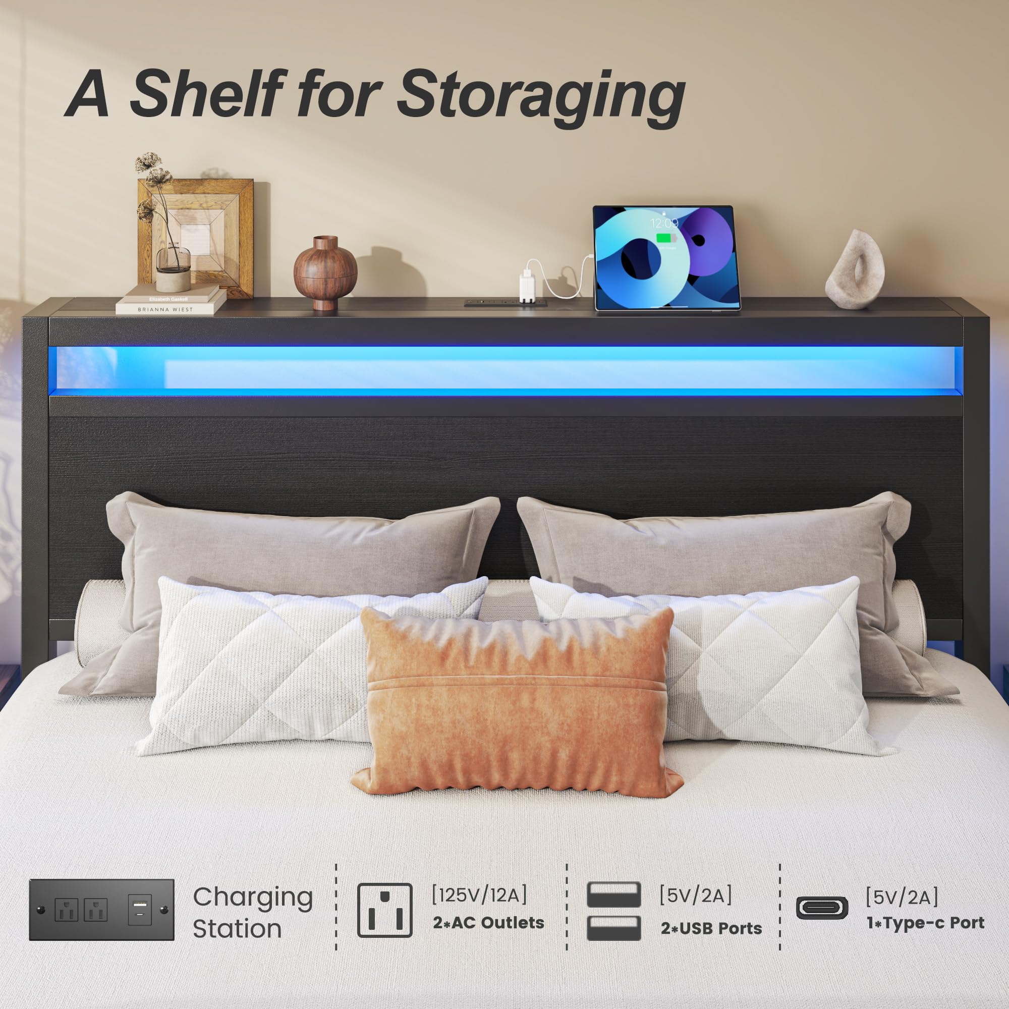 Queen Bed Frame with Storage Headboard & LED Lights
