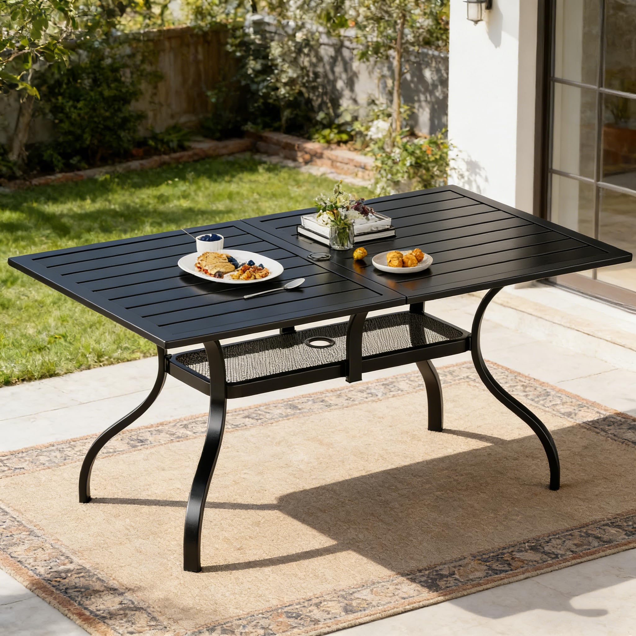 SUNCROWN 60"x37" Black Patio Outdoor Dining Table Metal Steel Slat Rectangular Bistro Table for Porch Deck Garden Backyard Poolside, 1.57" Umbrella Hole