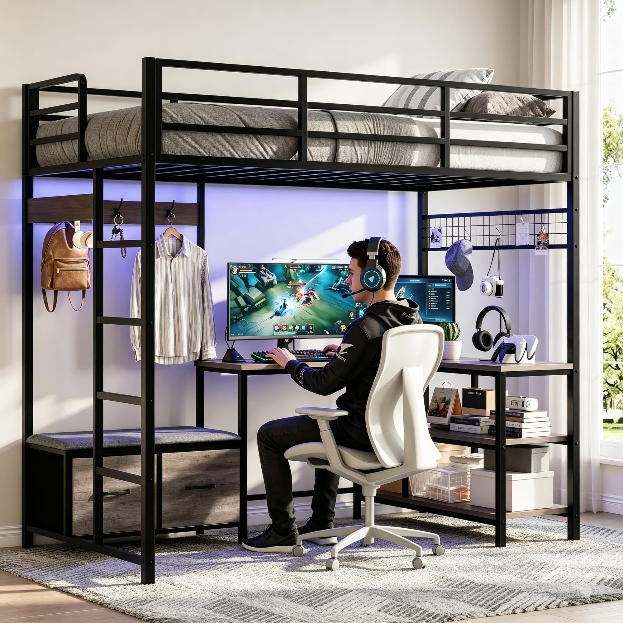 Vabches Twin Loft Bed with L-Shaped Desk,LED Lights,Charging Station,Metal Kids Loft Bed Twin Size with Storage Drawers,Coat Rack,Safety Guardrail & Ladder for Teen,Gray