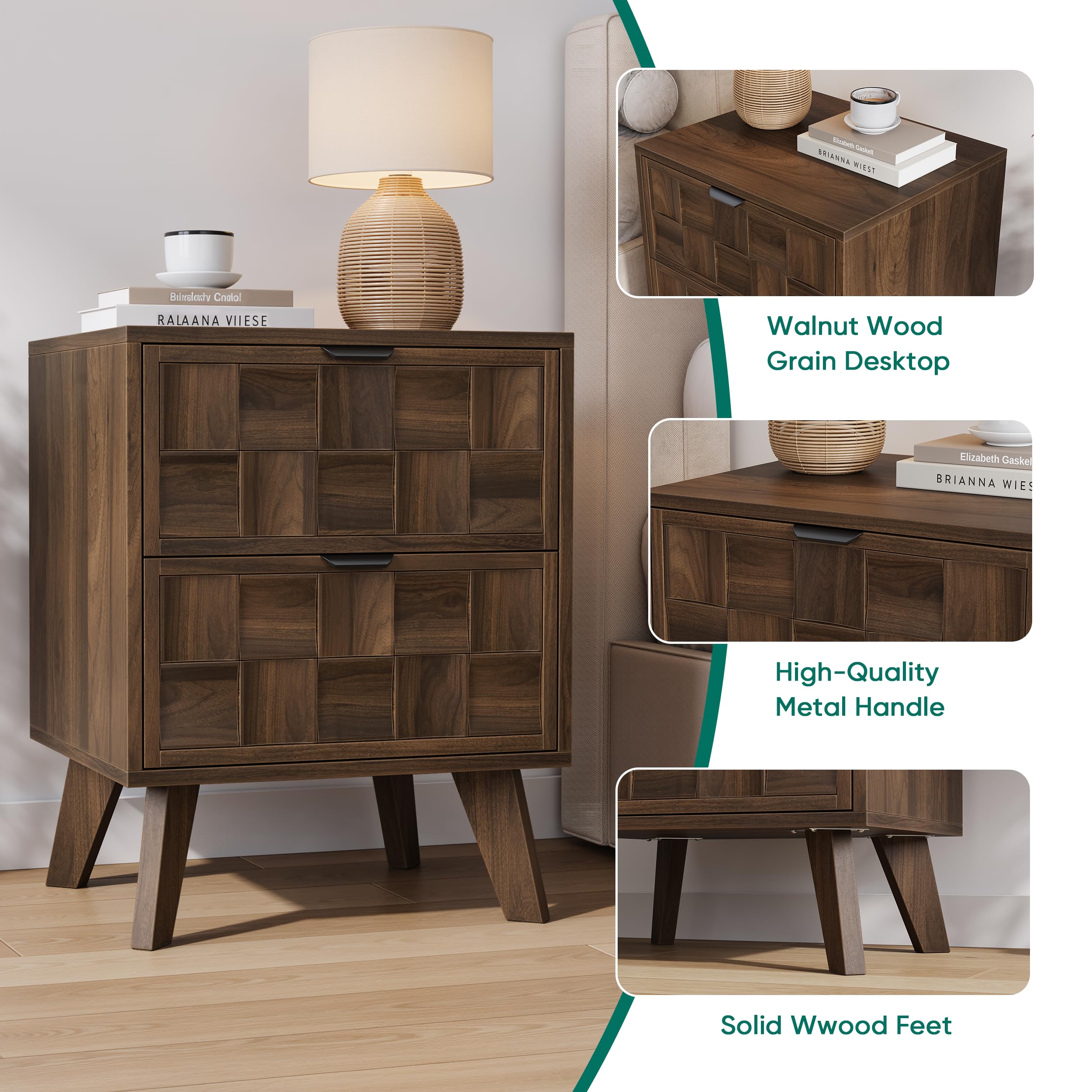Walnut Nightstand with Embossed Checkerboard Drawers