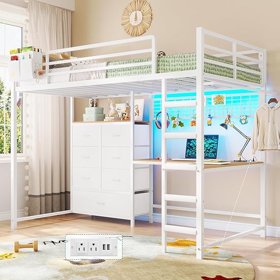 Twin Loft Bed with L-Shaped Desk & Storage