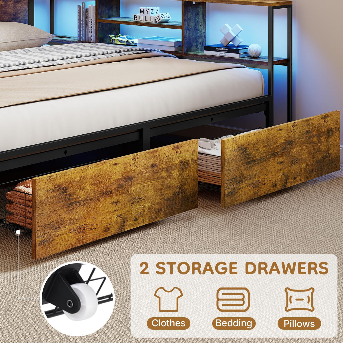 Zevemomo Twin Bed Frames w/Storage Drawers, Headboard for 2 Teens