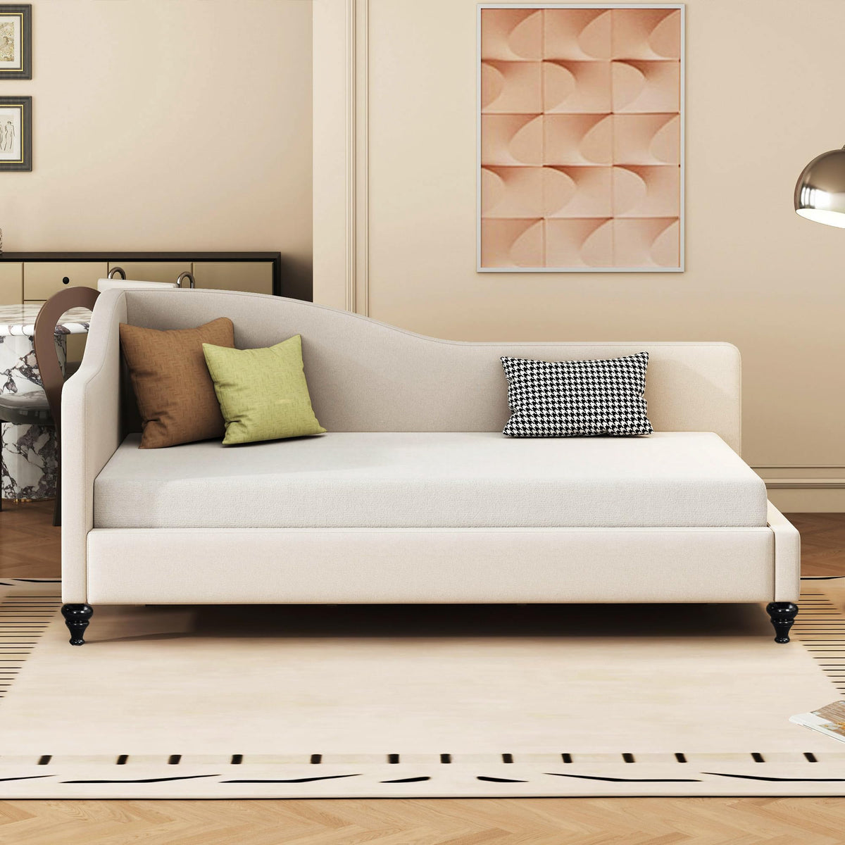 Merax Twin Size Bed Frame Daybed, L-Shaped Linen Day Bed Corner Sofa for Living Room & Guest Room, No Box Spring Needed, Beige