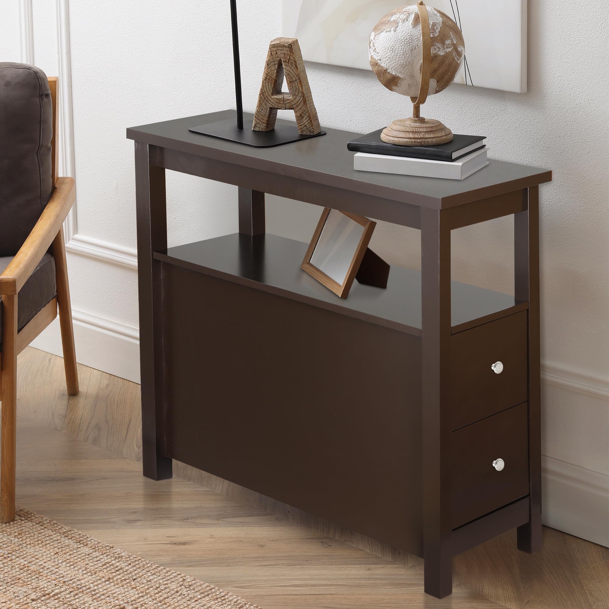 Slim End Table with Drawer & Storage Shelf