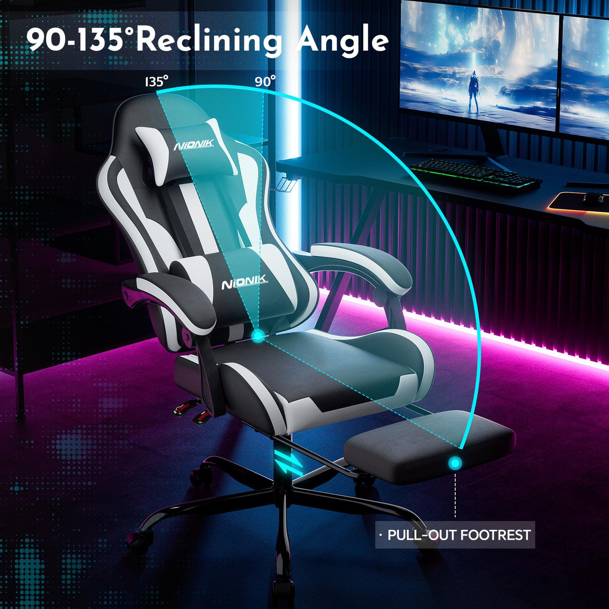 NIONIK Gaming Chair, Ergonomic Computer Chair with Footrest and Lumbar Support, Height Adjustable Game Chair with 360°-Swivel Seat and Headrest and for Office or Gaming Blackwhite