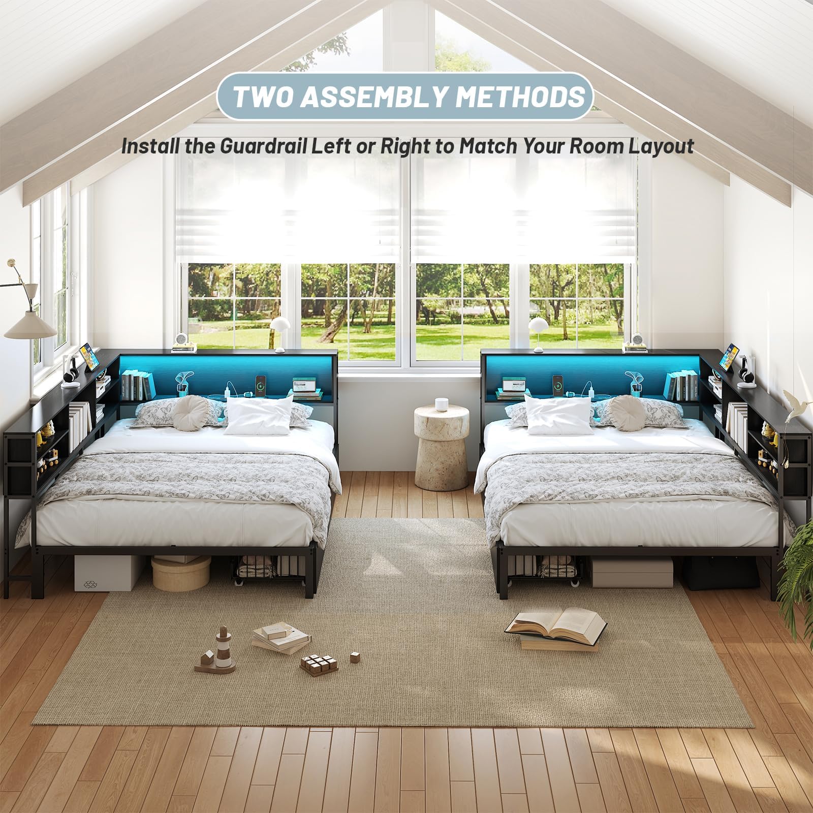 Full Size Corner Bed Frame with Storage, LED Lights & Charging Station