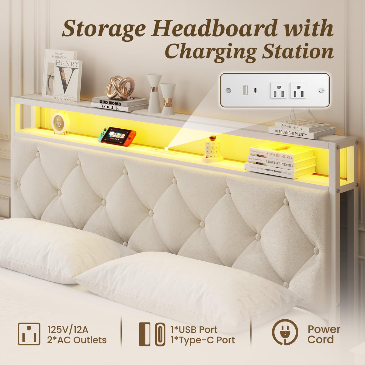 Fluest Queen Bed Frame with 4 Drawers, Upholstered Headboard with Storage, Charging Station, LED Lights, No Box Spring Needed, Easy Assembly, Beige