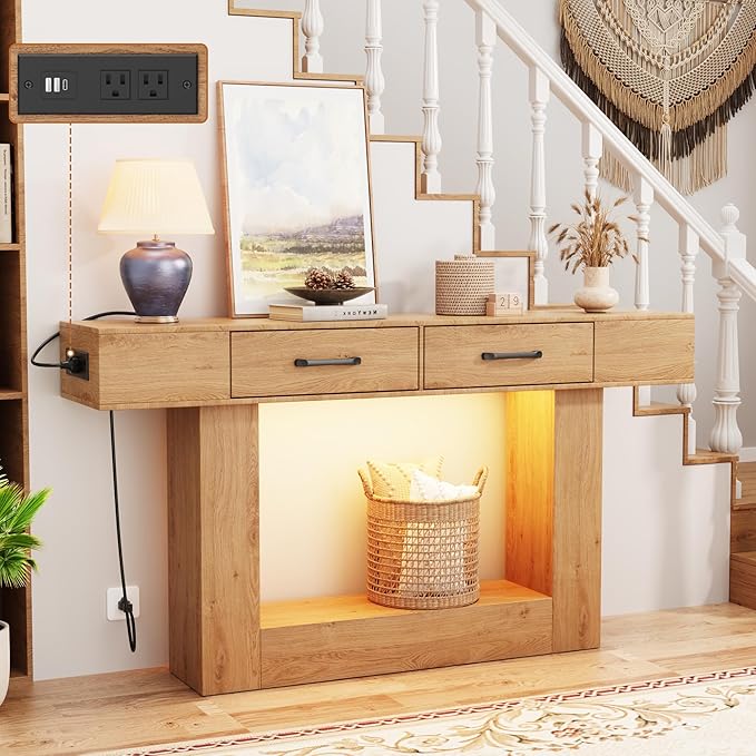 63" Console Table with LED Lights & Charging Station