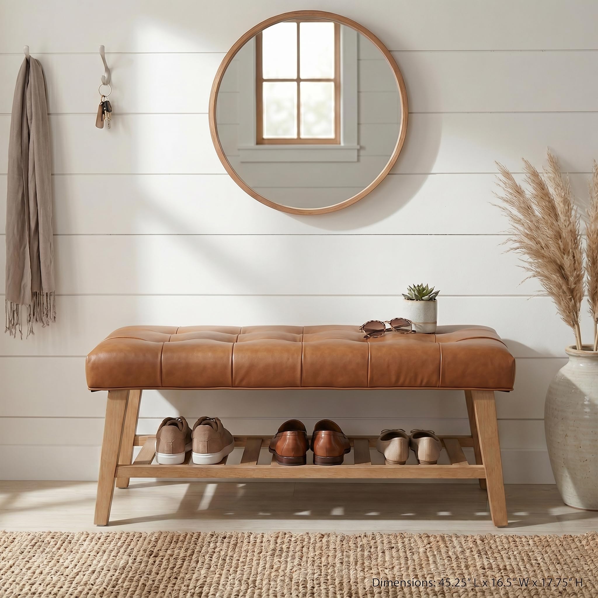 Janoray Entryway Shoe Bench Storage Benches with Upholstered Button Tufted Seat and Open Slatted Shelf PU Leather Ottoman Bench for Hallway Living Room Bedroom End of Bed, Brown