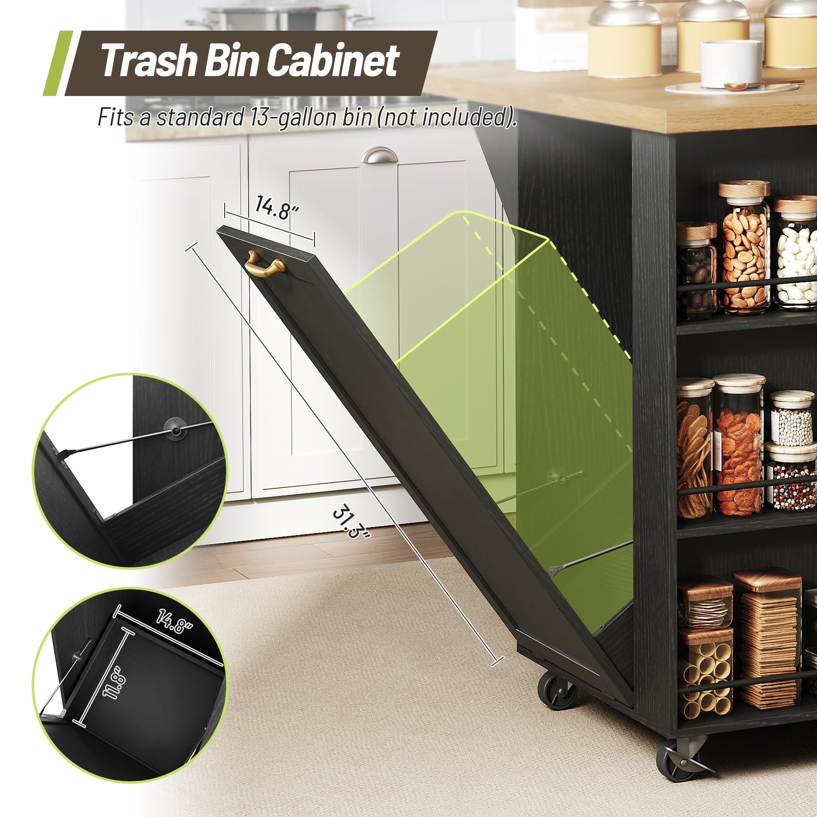 STHYTON Kitchen Island with Drop-Leaf and Charging Station, Mobile Kitchen Cart on Wheels, 2 Storage Drawers, Trash Cabinet, 3-Tier Open Shlves, Island Table for Kitchen, Dinner, Black and Natural