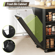 STHYTON Kitchen Island with Drop-Leaf and Charging Station, Mobile Kitchen Cart on Wheels, 2 Storage Drawers, Trash Cabinet, 3-Tier Open Shlves, Island Table for Kitchen, Dinner, Black and Natural