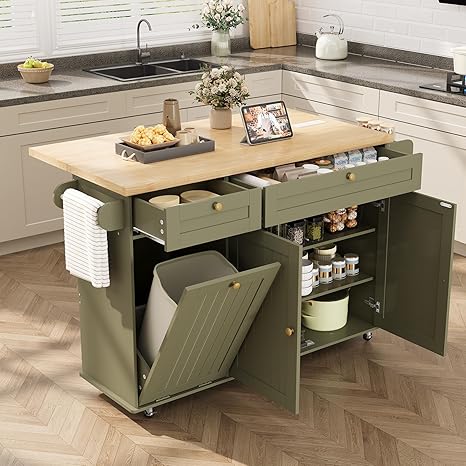 Rolling Kitchen Island with Extendable Drop Leaf Table & Power Outlet
