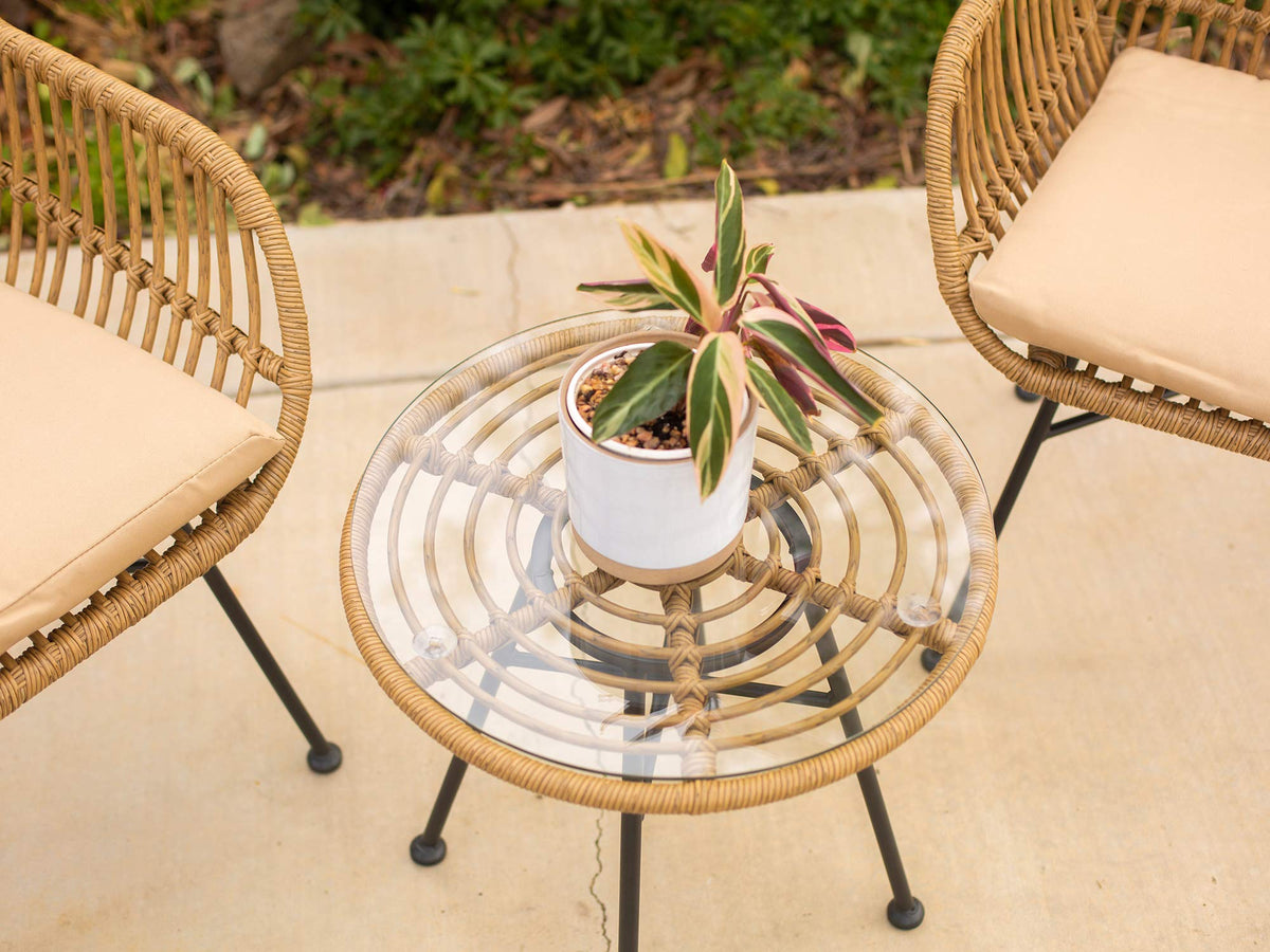 Barton 3pcs Outdoor Bistro Chair Set Patio Conversation Wicker Chairs Glass Table with Seat Cushions, Beige