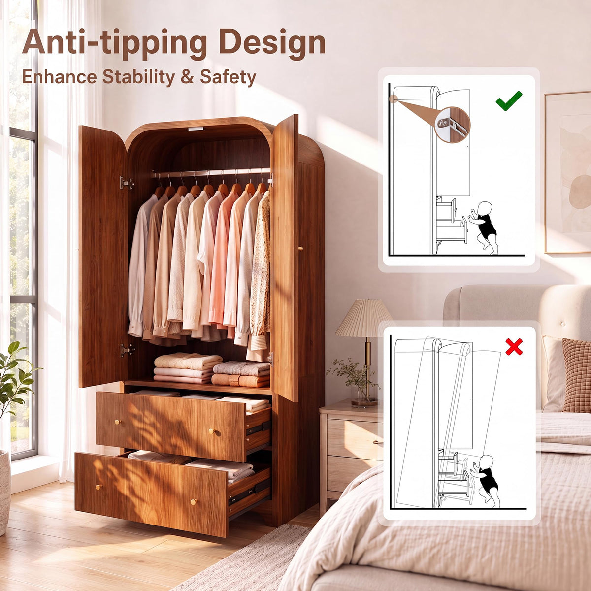Seang Arched Armoire Wardrobe Closet,70" Wooden Wardrobe Cabinet with 2 Drawers,Hanging Rod,2 Doors Clothing Storage Cabinet for Bedroom,Gym,Cloak Room,Walnut