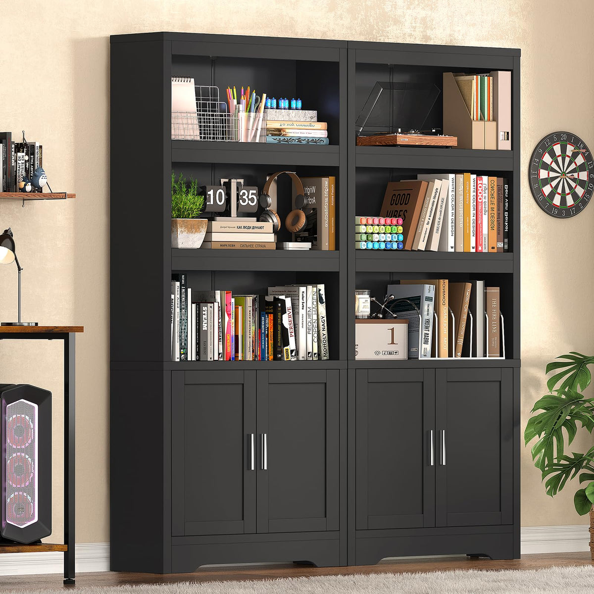 Book Shelf and Bookcase with Doors, 5-Tier Display Storage Cabinet with Adjustable Shelves, Open Compartments, Remote Control LED Lights, Tall cabinet for Bathroom Kitchen Living Room, Home Office