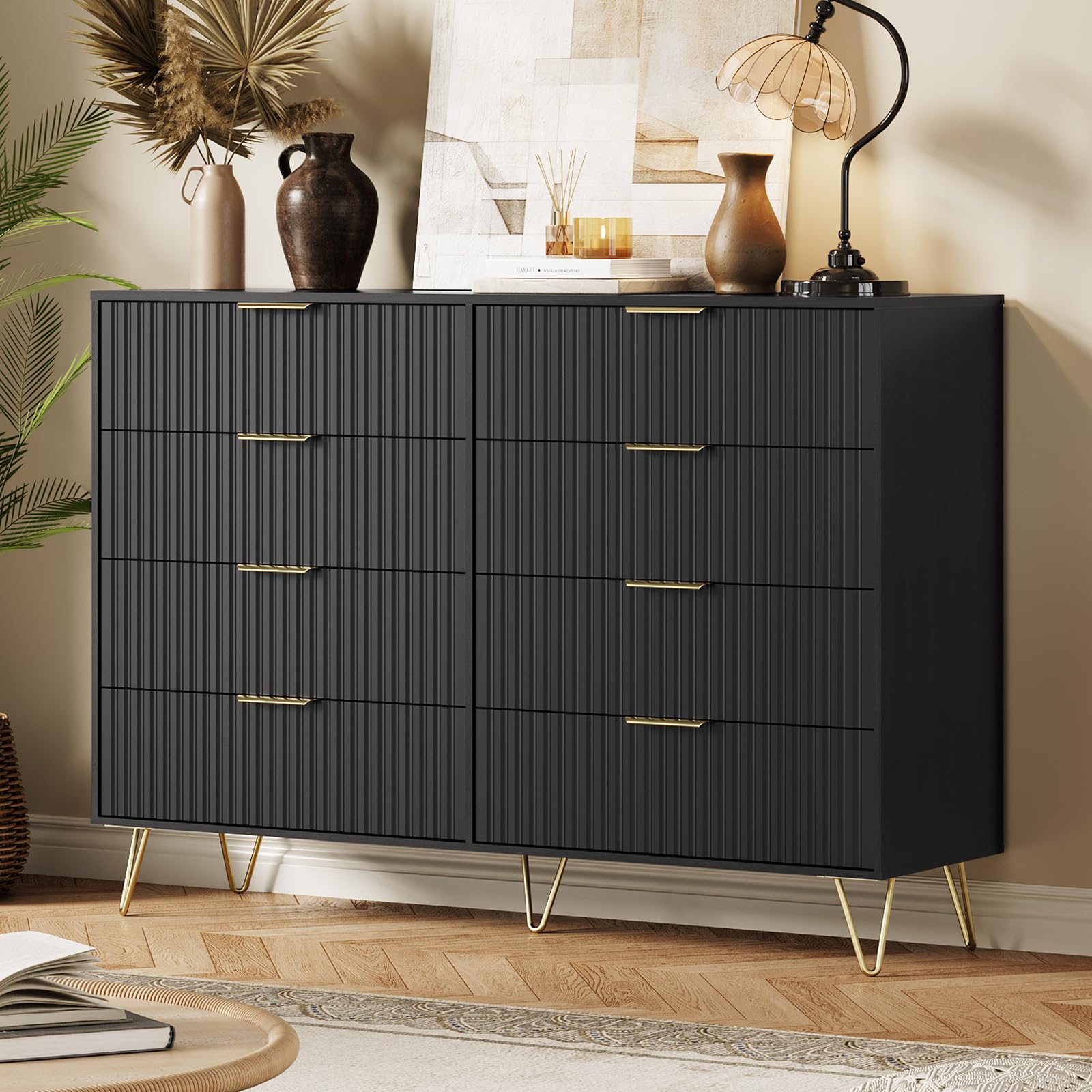 GAOMON Modern Fluted 8-Drawer Dresser - 55" Wide Wood Chest with Metal Handles - Multi-Use Bedroom Clothes Storage Cabinet & TV Stand - Contemporary Furniture, Black