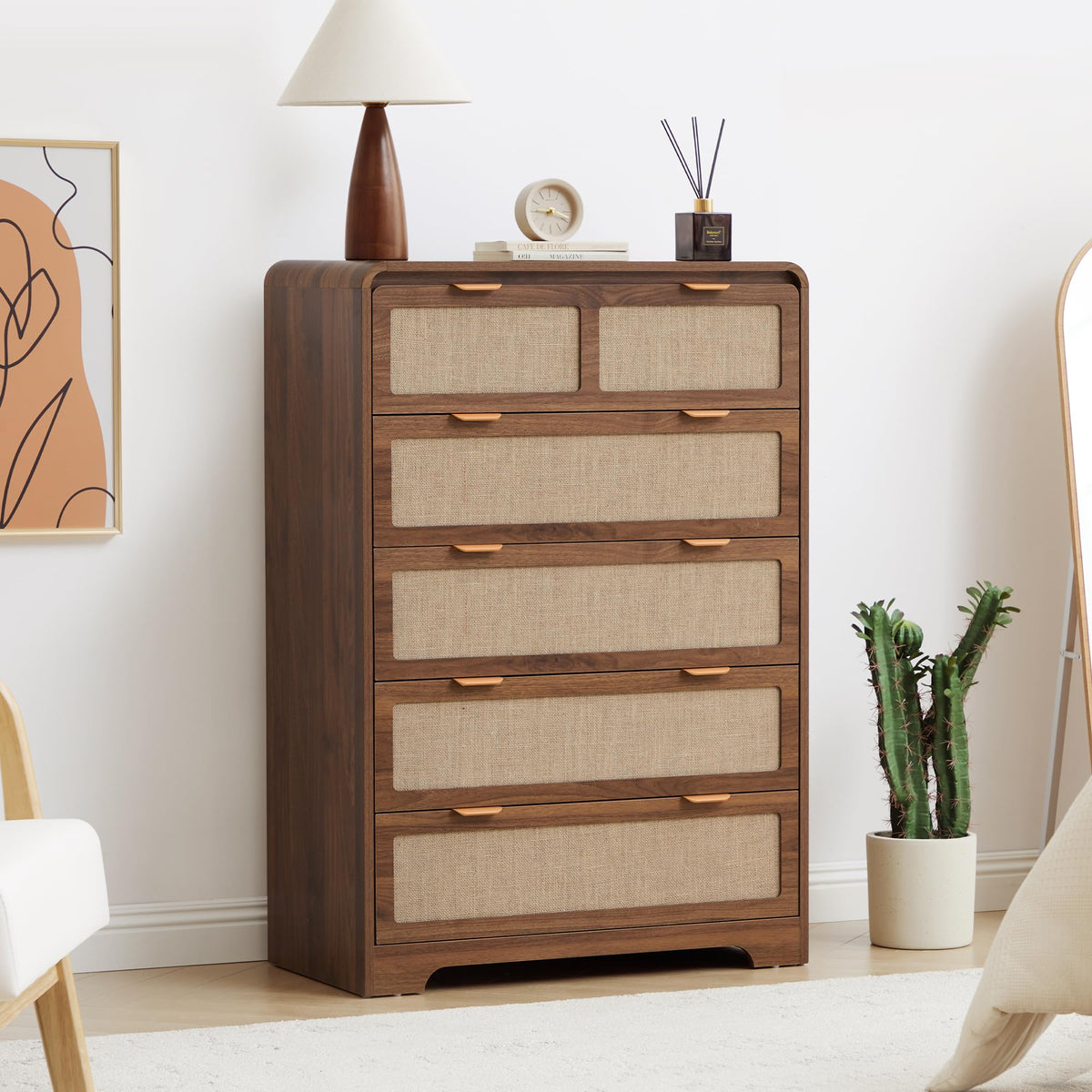 RUSTYER 43" Tall 5 Drawer Dresser for Bedroom, Modern Wood Dresser, Walnut