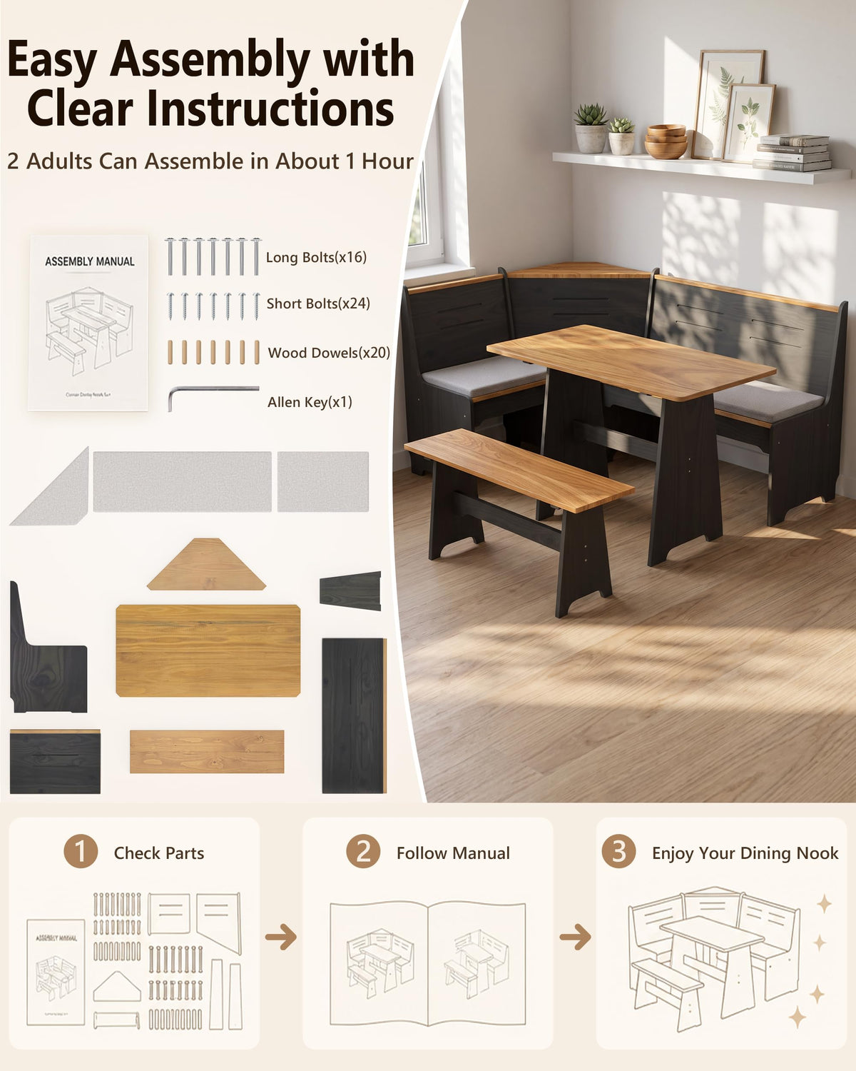 Kitchen Breakfast Nook Table Set - Corner Dining Table Set with Cushion