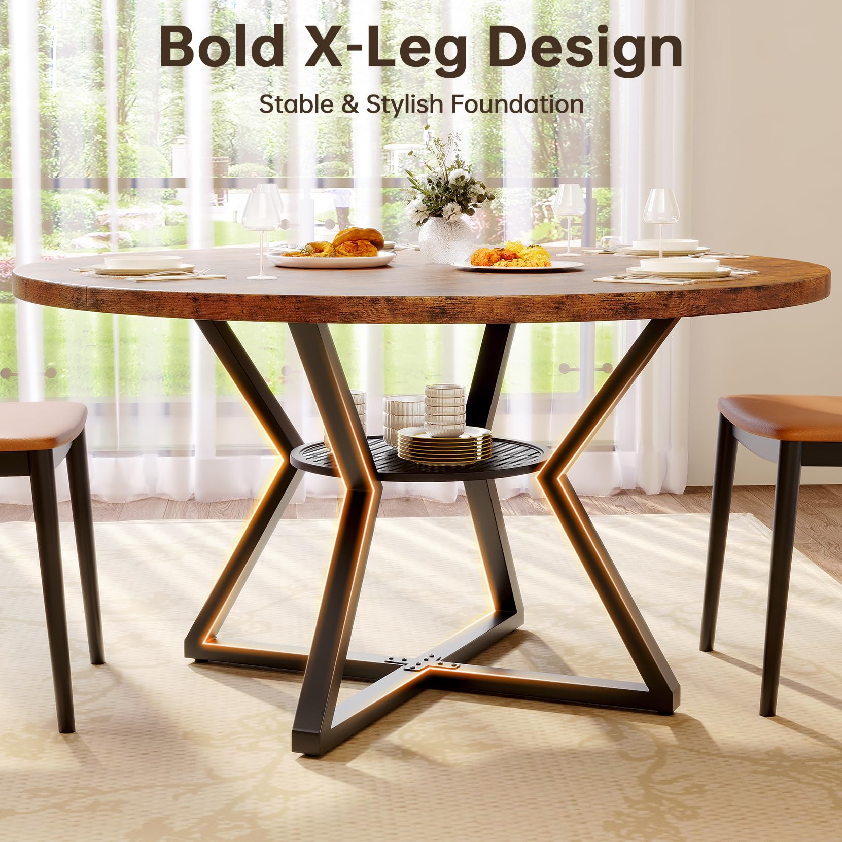 Concho 55" Round Table for 4-6, Circle Dining Dinner Table with Pedestal Metal Frame, Space Saving Wood Kitchen & Dining Room Furniture, Farmhouse Brown