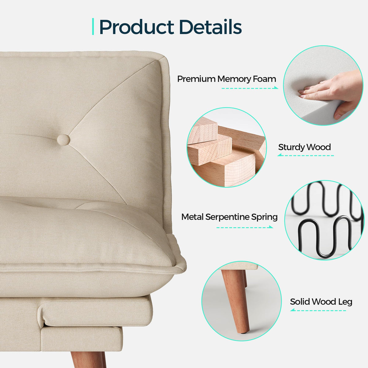 LINSY HOME Futon Sofa Bed, 70" Chenille Futon Couch with Adjustable Backrest Armrest, 3 in 1 Convertible Comfy Loveseat Sleeper Sofa Bed for Small Spaces Dorm Room Apartment Home Office(Khaki)