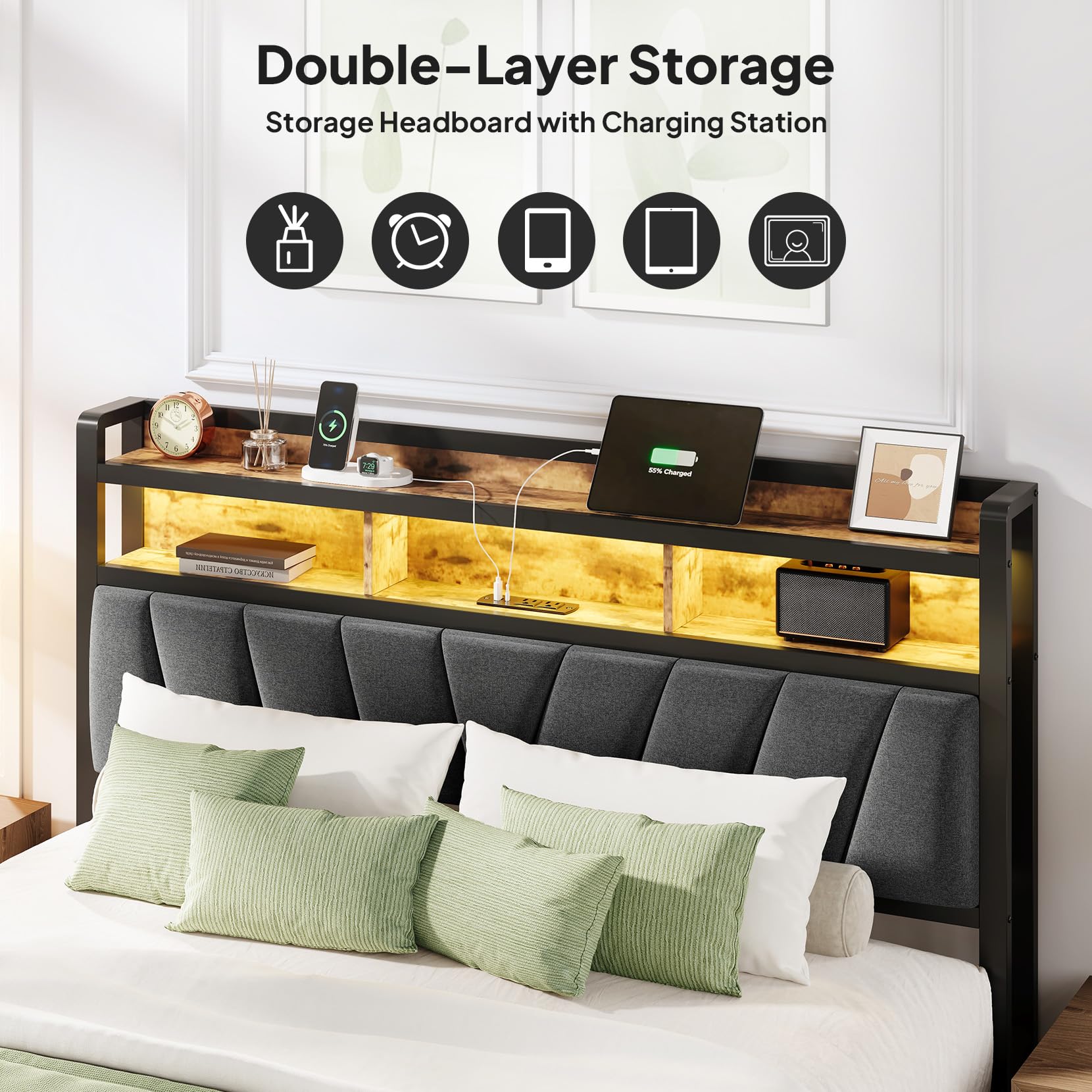 Platform Bed Frame with Storage Headboard, RGB LED Lights & Charging Station