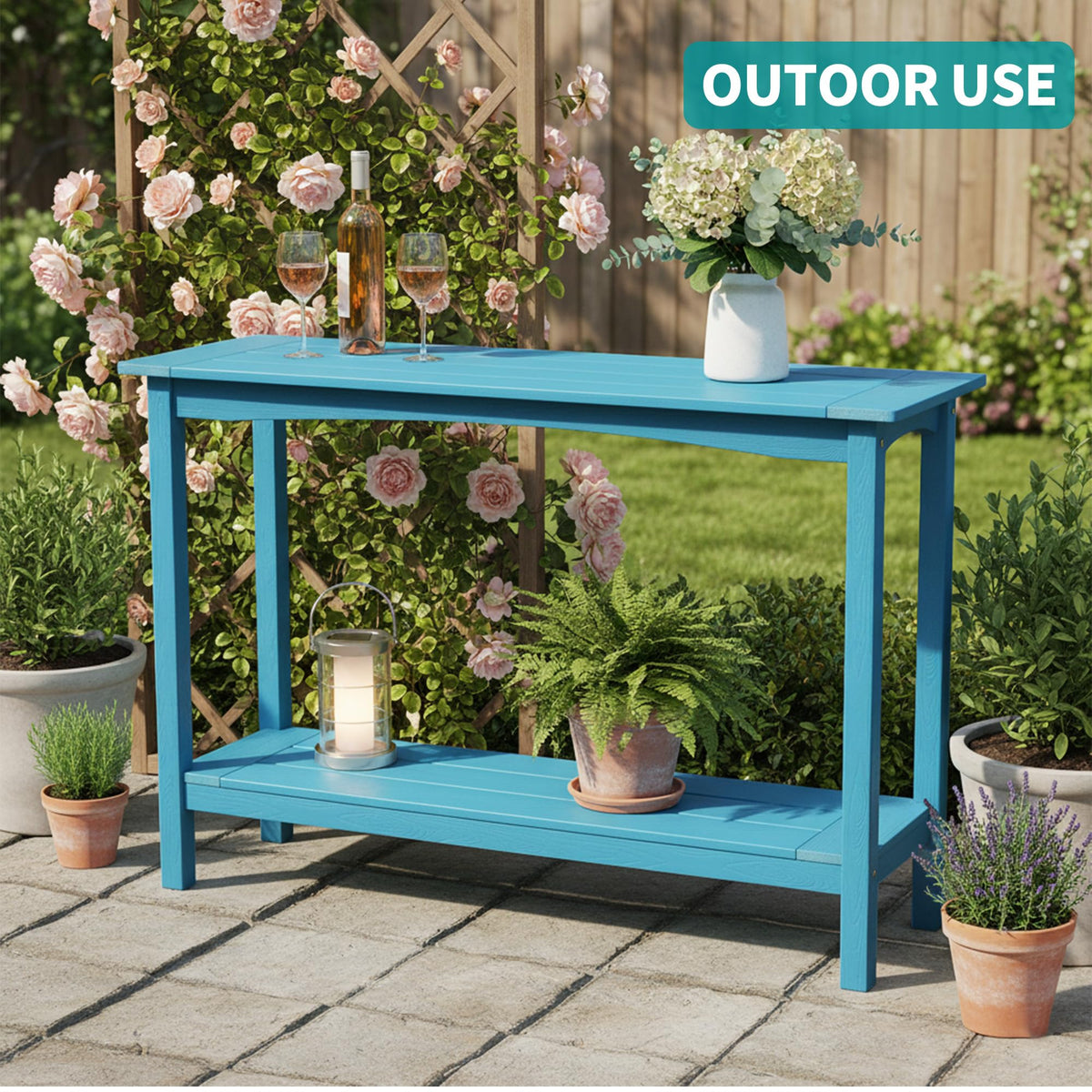 Outdoor Console Table, All-Weather 2-Tier Patio Console Table, Light Blue