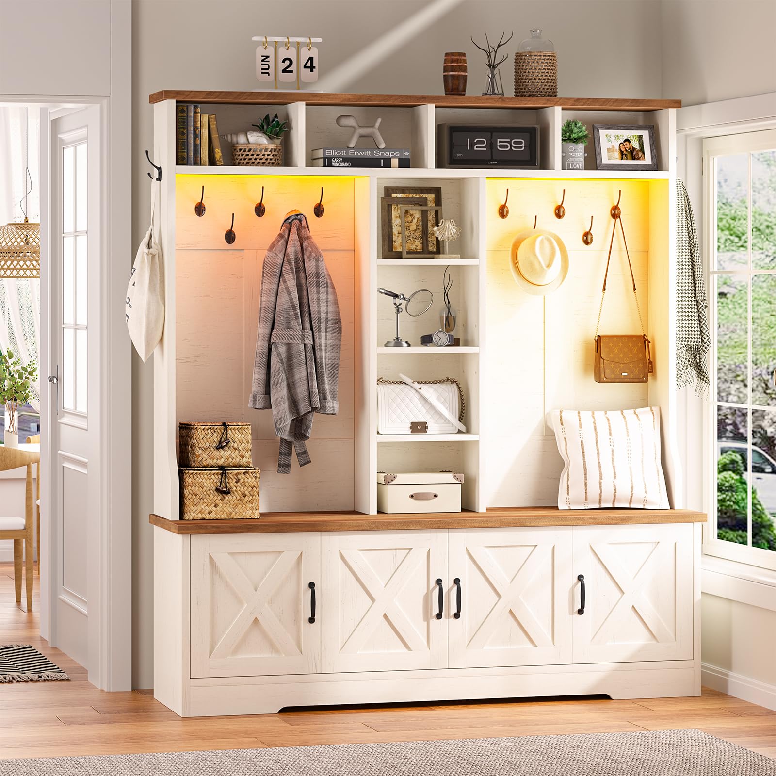 5-in-1 Farmhouse Hall Tree with Bench, Shoe Cabinet, 12 Hooks & LED Lights