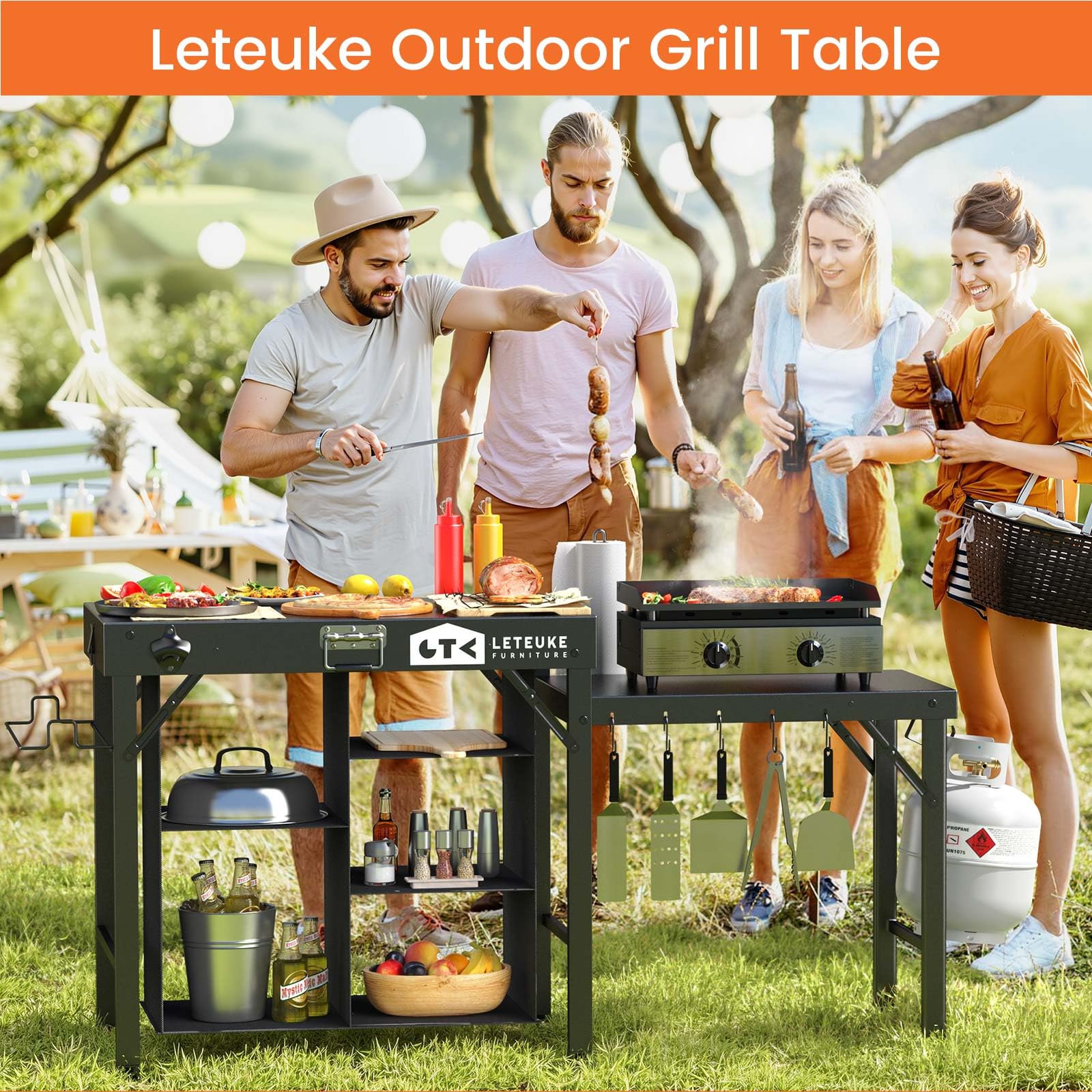 Portable Foldable Grill Table with Storage