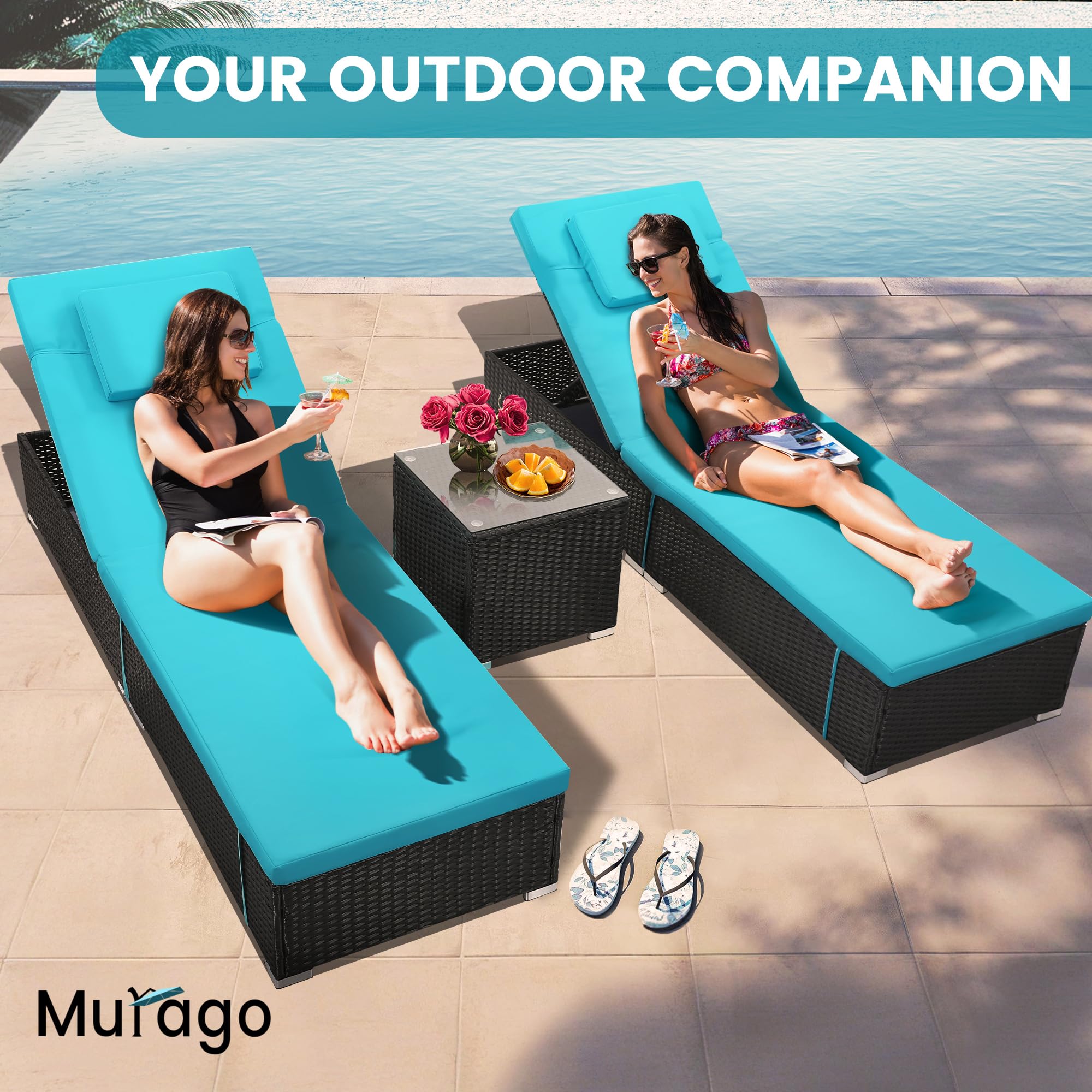 Outdoor Wicker Chaise Lounge Set with Side Table (3-Piece)