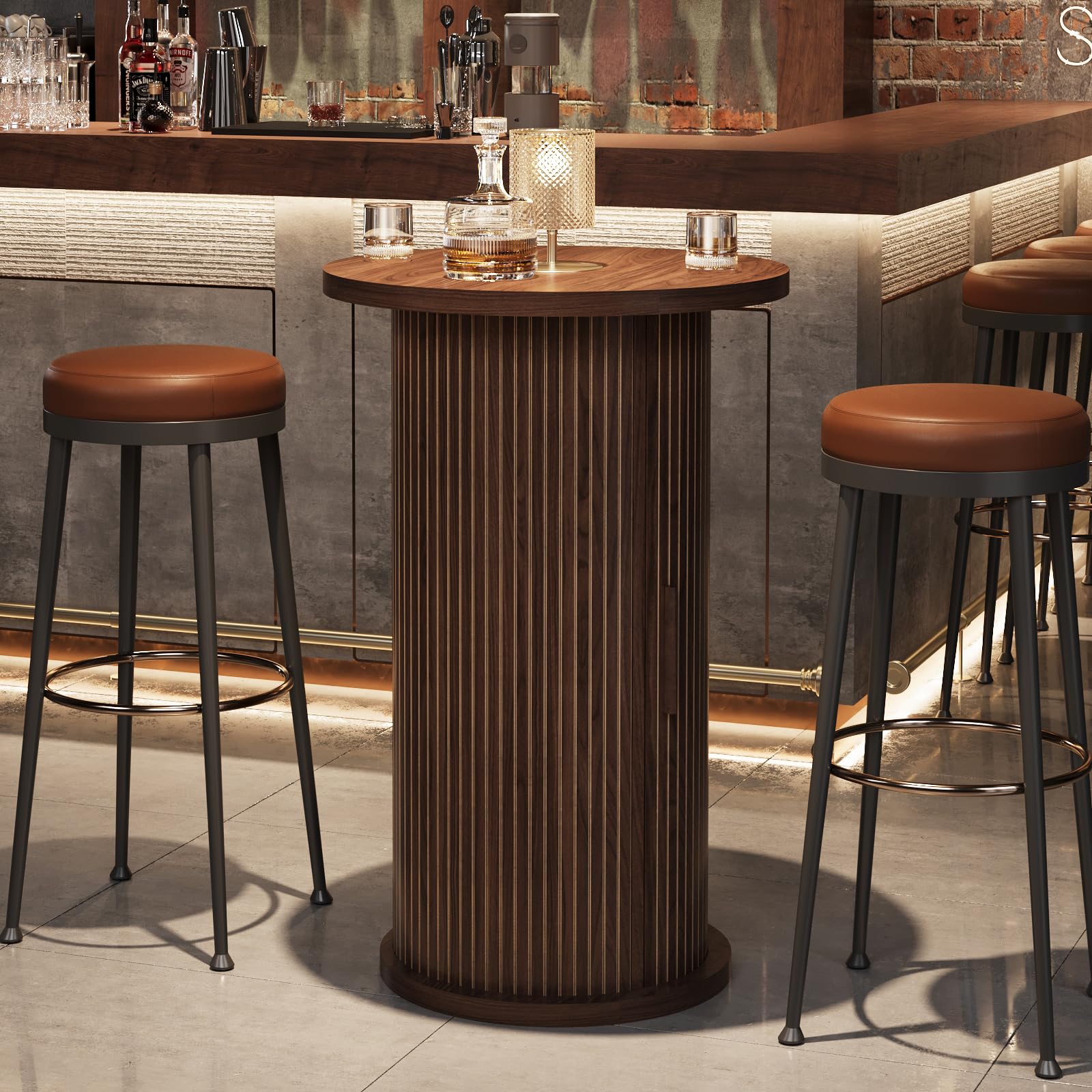 ALWXIA Round Bar Table with 3-Tier Hidden Storage Shelves Slide Door, 36.4'' High Top Bistro Table Cocktail Table for Small Bars, Dining Room, Living Room (Walnut)