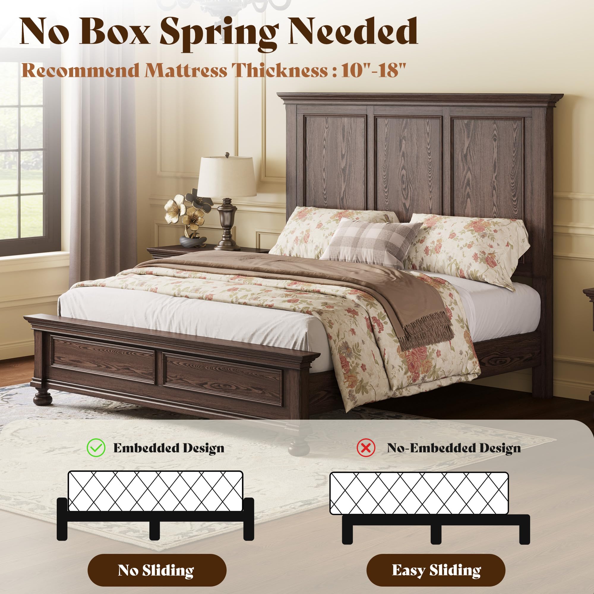 Solid Wood 3-Piece Bedroom Set with High Bed Frame & Nightstands – Dark Brown