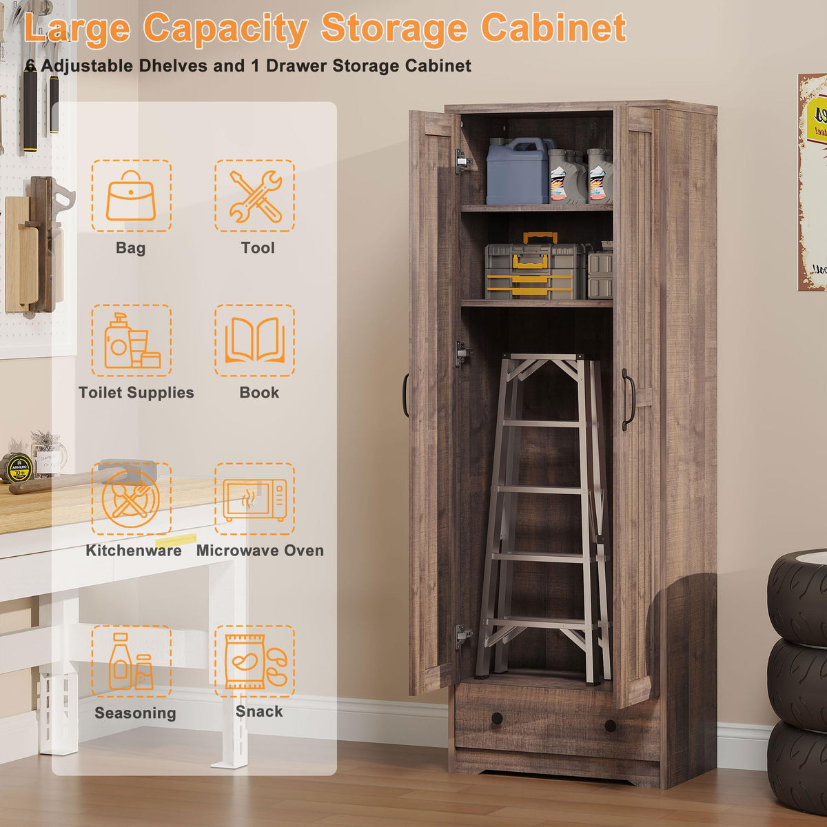 Decofy 70" Tall Storage Cabinets, Large Wood Storage Pantry Cabinet with 6 Adjustable Shelves, 2 Striped Doors & Drawer, Standing Utility Cabinet for Kitchen, Bathroom, Dining Room, Antique (Brown)