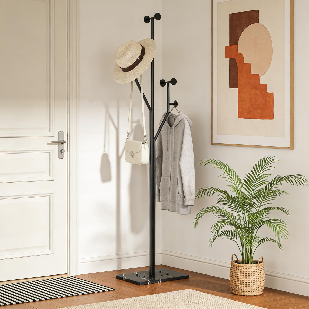 JIAYUEJU Freestanding Coat Rack Marble Base Coat Tree Heavy Duty(Black)