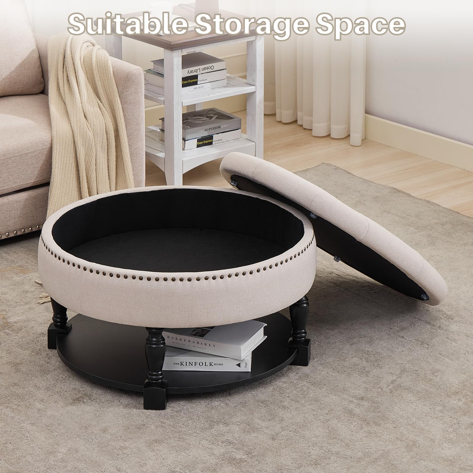 Round Storage Ottoman with Wood Shelf