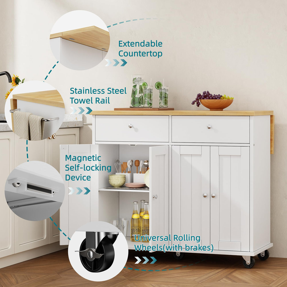 Shintenchi Kitchen Island w/Dropleaf Rolling Kitchen Table w/Seating