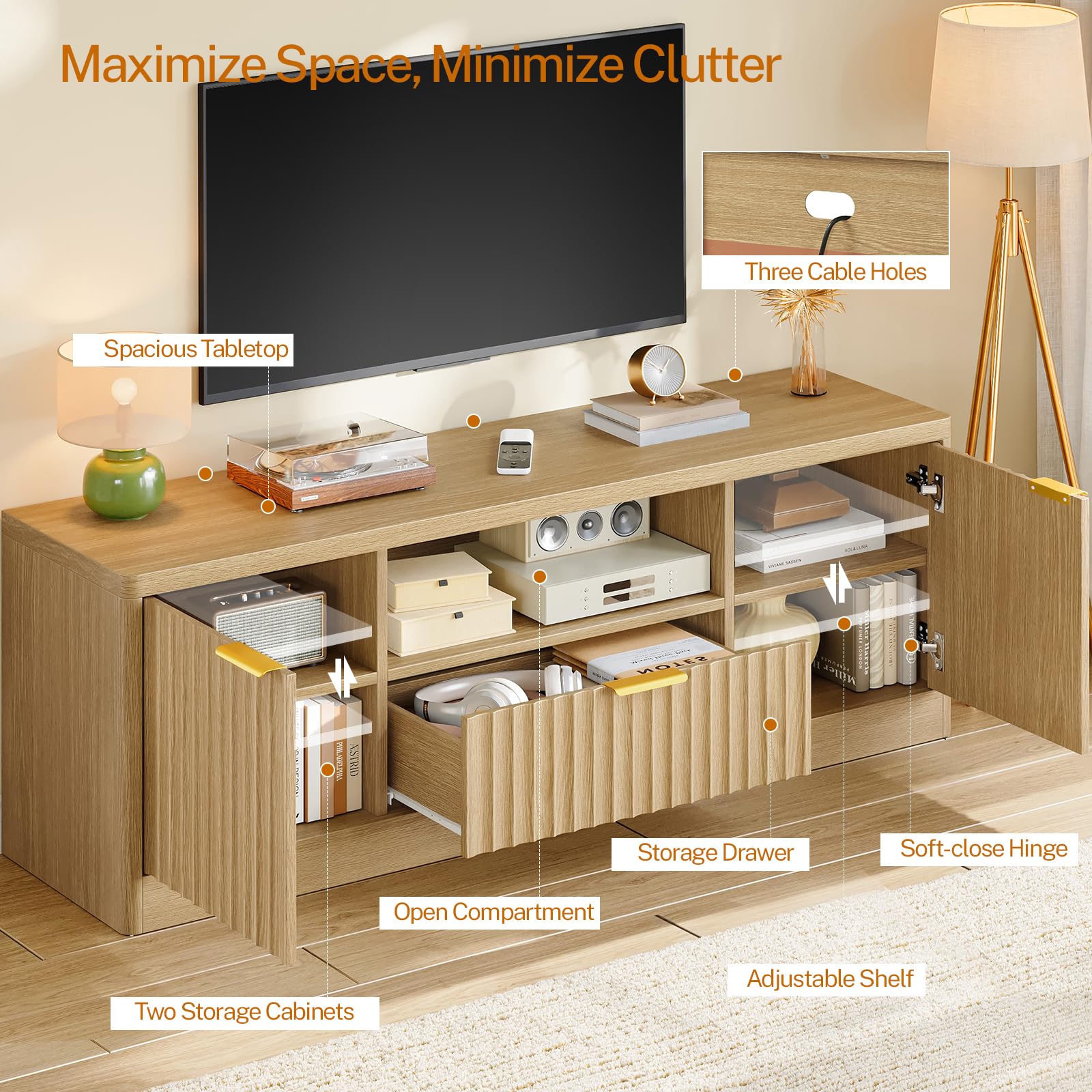 55" Fluted TV Stand with Drawer & Open Shelf