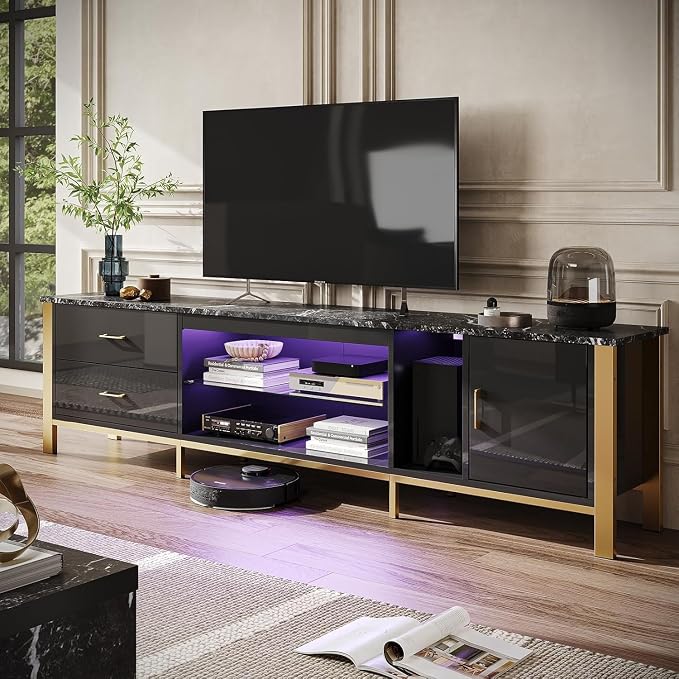 Bestier TV Stand for 75/80/85 inch TVs, LED Gaming Entertainment Center, Media Console with Glass Shelves for Living Room, 2 Storage Drawers & Cabinets for Bedroom, White Glossy